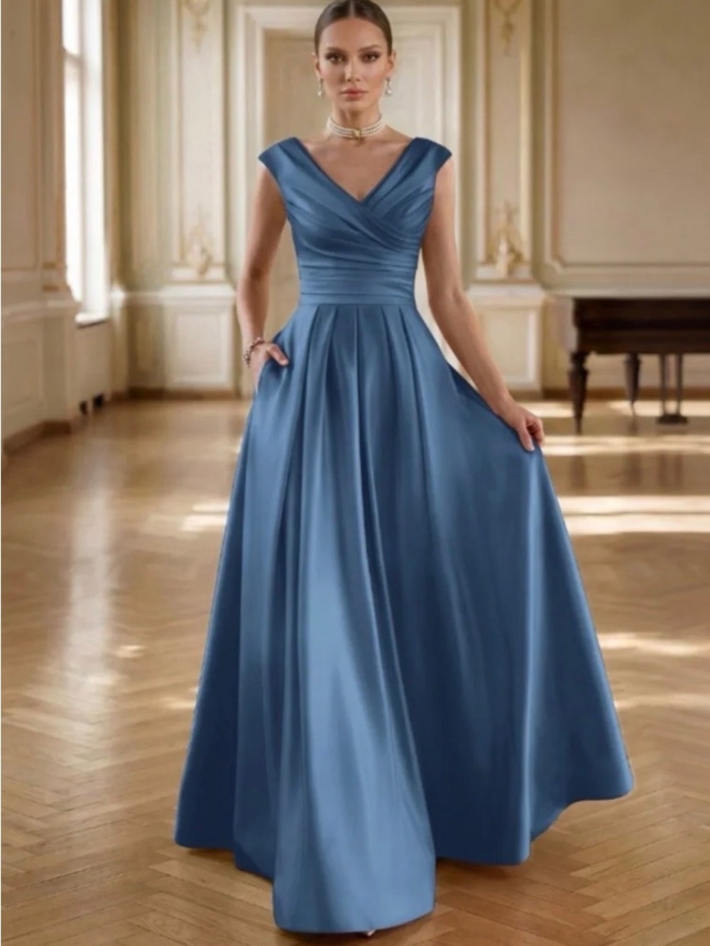 Missacc Elegant A-Line V-Neck Ruched Waist Floor-Length Satin Evening Dresses